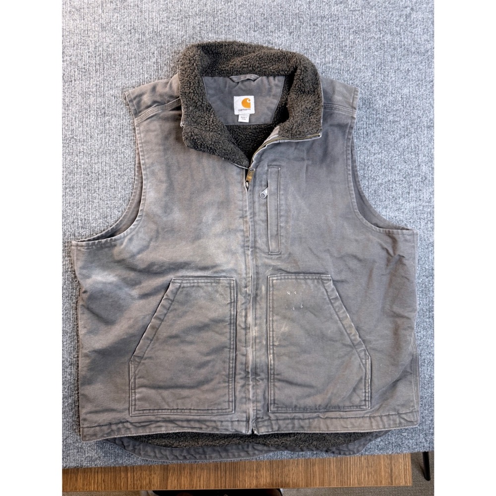 Carhartt Mens Large Gray Cotton Duck Sherpa Lined Mock Neck Workwear Vest 104277